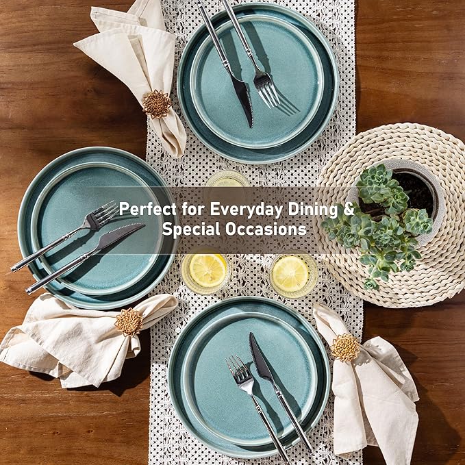 GBHOME Ceramic Dinnerware Sets for 4, 12 Pieces Stoneware Plates and Bowls Sets, Scratch Resistant Dishes, Dishwasher & Microwave Safe, Reactive Glaze-Malachite Green-HomvellaHome