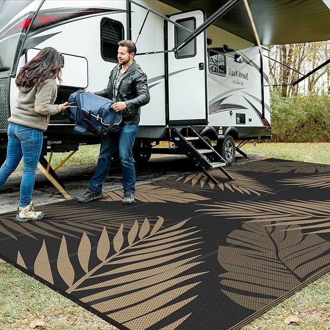 GENIMO Outdoor Rug 10' x 20' Waterproof for Patios Clearance, Reversible Outdoor Plastic Straw Camping Rug Carpet, Large Area Rugs Mats for RV, Camper, Deck, Balcony, Porch, Beach, Picnic, Black&Brown-HomvellaHome