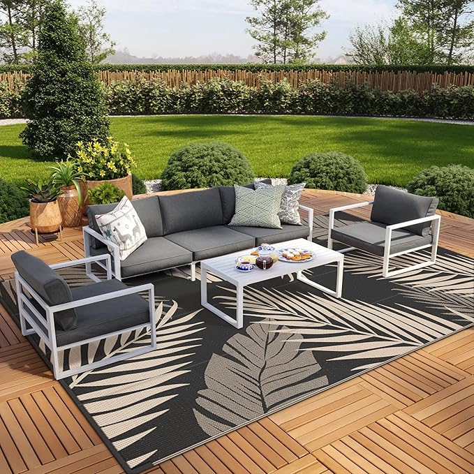 GENIMO Outdoor Rug 10' x 14' Waterproof for Patios Clearance, Reversible Outdoor Plastic Straw Camping Rug Carpet, Large Area Rugs Mats for RV, Camper, Deck, Balcony, Porch, Beach, Picnic, Black&Beige-HomvellaHome