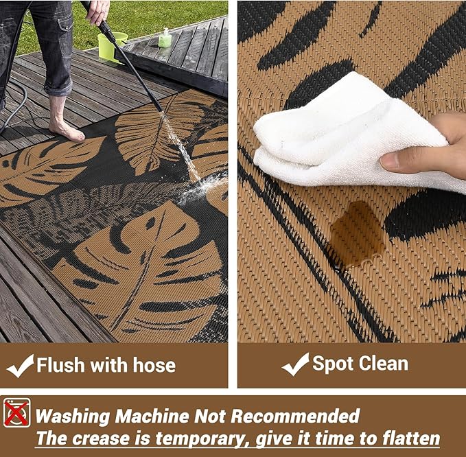GAOMON Outdoor Rug Waterproof 9x12 Outdoor Plastic Straw Rug for Patio, Reversible Modern Camping Mat with Bag & Stakes, UV Resistant & Easy to Clean Carpet for RV, Deck, Balcony, Porch, Brown-HomvellaHome