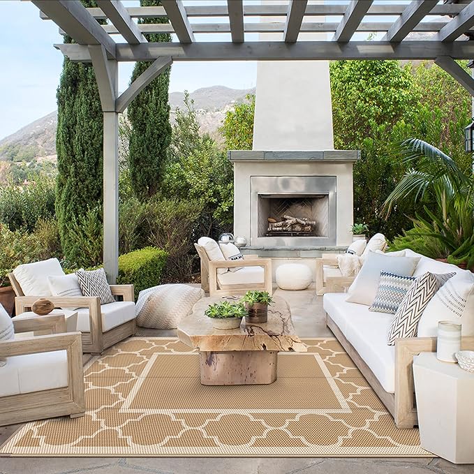 GENIMO 5' x 8' Outdoor Rug Waterproof for Patio Decor, Foldable Reversible Plastic Straw Area Rugs Mat for Camper, Outside Carpet for Rv, Deck, Porch, Picnic, Beach, Balcony, Brown & Beige-HomvellaHome