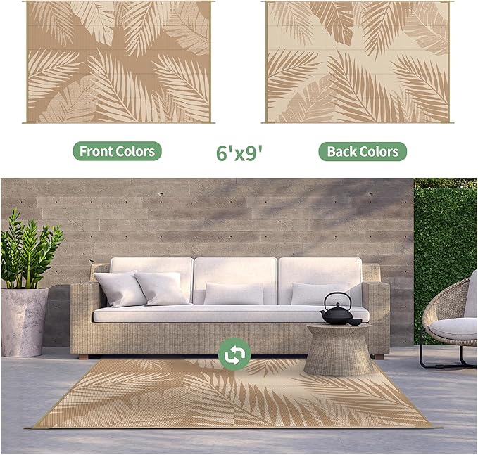 GENIMO Outdoor Rug 6' x 9' Waterproof for Patios Clearance, Reversible Outdoor Plastic Straw Camping Rug Carpet, Large Area Rugs Mats for RV, Camper, Deck, Balcony, Porch, Beach, Picnic, Brown&Beige-HomvellaHome