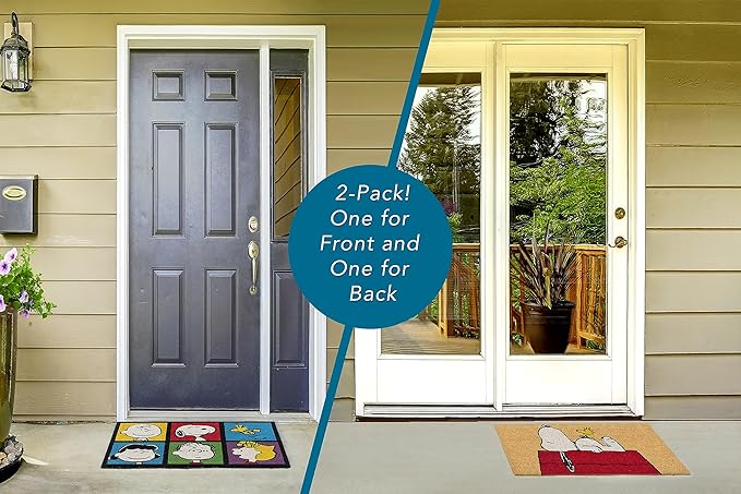 Gertmenian Peanuts Snoopy Coir Doormat - 2x3 Welcome Mat (2-Pack), Ideal for High Traffic Areas in Front Door, Garage, Entryway - House/Peanut Patch, 80003-HomvellaHome