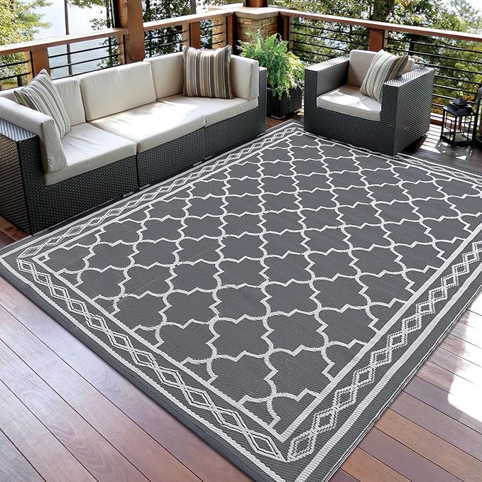 GAOMON Outdoor Rug for Patio 5'x8' Reversible Plastic Rugs Camping Mat for Outdoor, RV, Backyard, Deck, Balcony, Picnic, Beach, Grey/White(Geometric)-HomvellaHome
