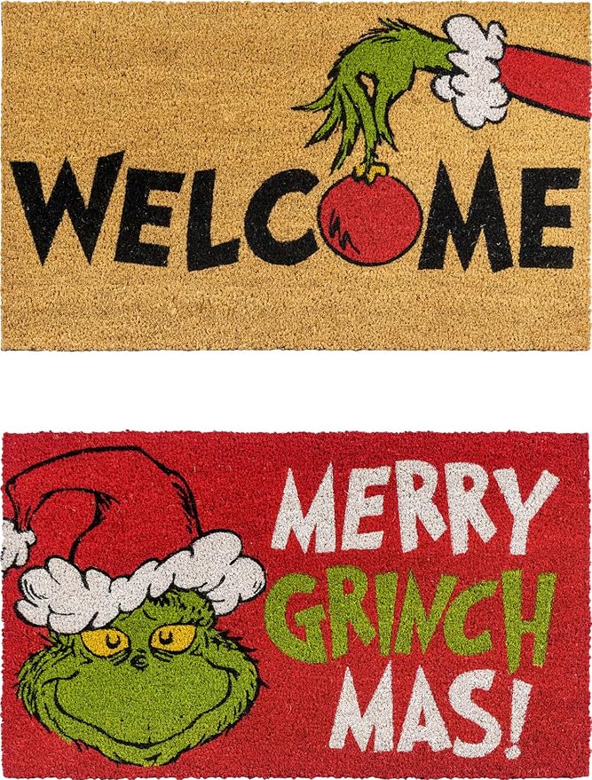 Gertmenian Disney Mickey Mouse Doormat Rug Retro Front Door Coir Mat Home Indoor Outdoor Entryway Carpet, 2-Pack 20x34, The Grinch Welcome/Merry Grinchmas-HomvellaHome
