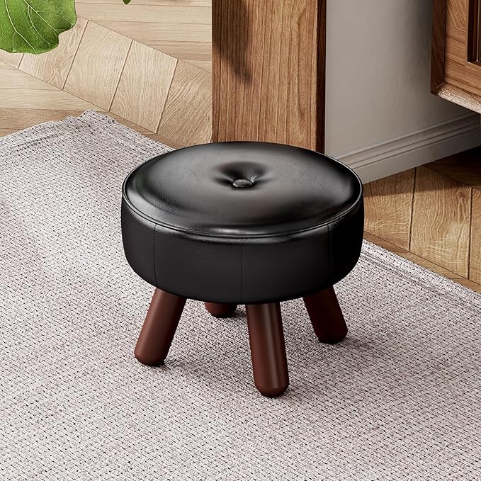 13in Small Foot Stool Ottoman, Round Faux Leather Foot Rest, Footstool Ottomans with Rubber Legs Under Desk, Footrest for Couch, Living Room, Bedroom, Office, 13''L x 13''W x 10.2''H, Black-HomvellaHome
