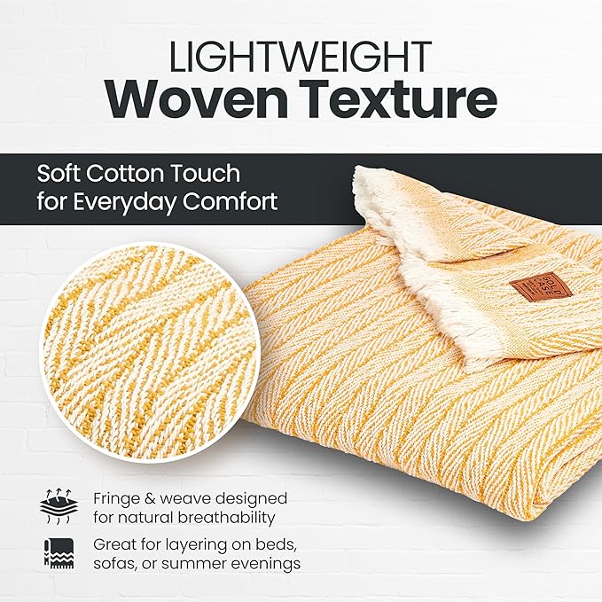 Gold Case Throw Blanket for Couch – 100% Recycled Turkish Cotton Blankets & Throws – Elegant Decorative Throw Blankets for Living Room Sofa – Woven Throws for Couch – Vintage Mustard – 50x60-HomvellaHome