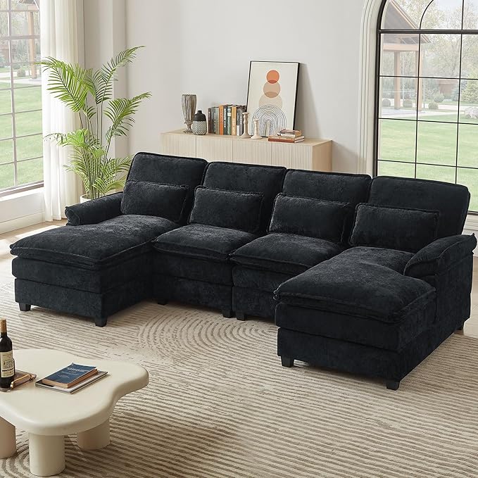 113" Oversized Cloud Couch, U Shape Sectional 4 Seat Sofa with Double Chaises, 2 Layer Cusions, Deep Seat Comfy Sofa, Upholstery Chenille Fabric for Living Room, Black-HomvellaHome