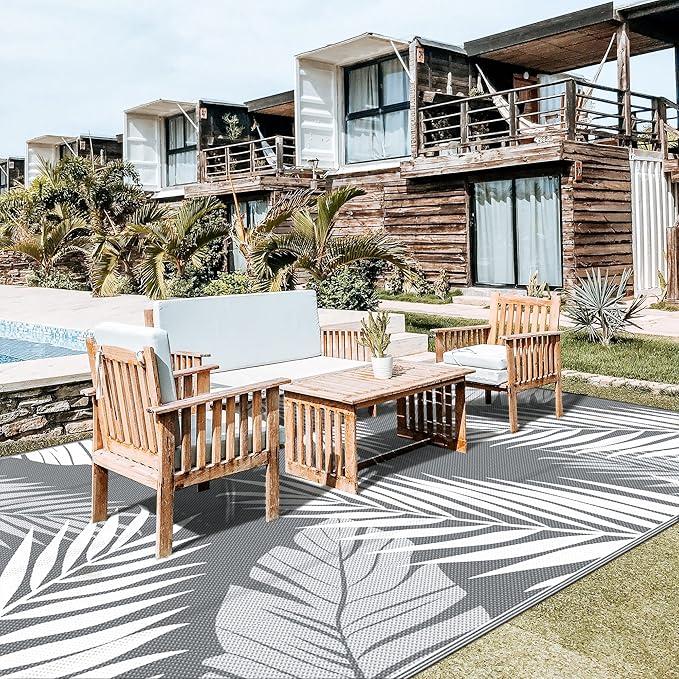 GENIMO Outdoor Rug 10' x 20' Waterproof for Patios Clearance, Reversible Outdoor Plastic Straw Camping Rug Carpet, Large Area Rugs Mats for RV, Camper, Deck, Balcony, Porch, Beach, Picnic, Grey&White-HomvellaHome