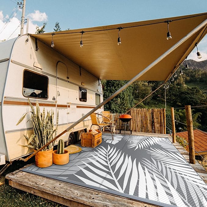 GENIMO Outdoor Rug 10' x 10' Waterproof for Patios Clearance, Reversible Outdoor Plastic Straw Camping Rug Carpet, Large Area Rugs Mats for RV, Camper, Deck, Balcony, Porch, Beach, Picnic, Grey&White-HomvellaHome