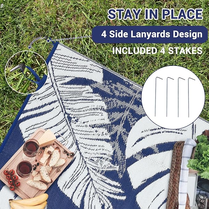 GAOMON Large Outdoor Plastic Rug 10x14 Waterproof Straw Rug Reversible Foldable Camping Mat with Stakes & Bag, Modern Tropical Leaf Farmhouse Outside Carpet for Patio RV Garden Deck, Blue-HomvellaHome