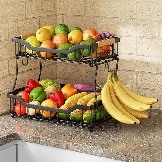 Giwil 2 Tier Countertop Fruit Basket for Kitchen, Vegetable Storage Bread Fruit Bowl Stand with 2 Banana Hangers, Wall Mounted Metal Wire Basket Organizer for Potato Onion, Black-HomvellaHome