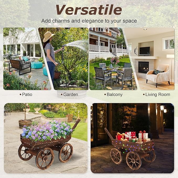Garden Wooden Decor Rustic Flower Pot,Planters Wagon Indoor Outdoor Backyard Balcony Decor,for Outside Garden Decor Wheelbarrow Planter for Patio (Wooden Wagon with Light)-HomvellaHome