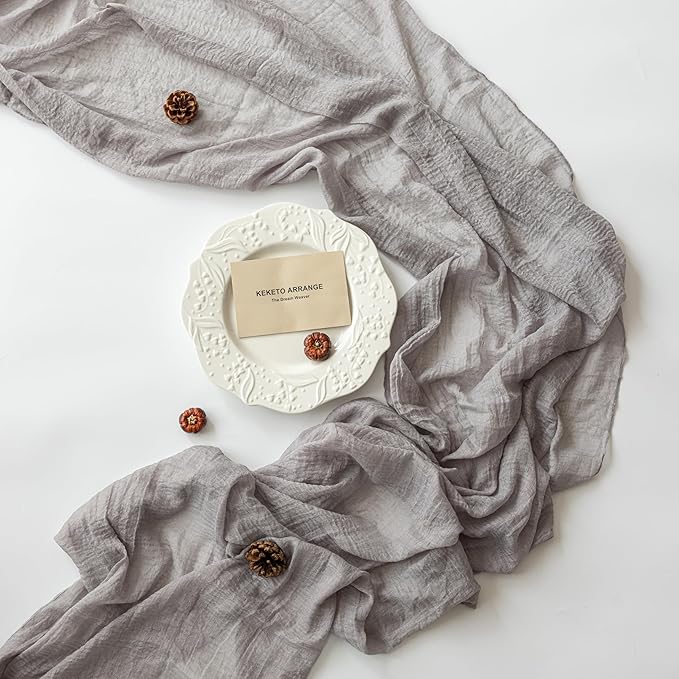 Grey Gauze Rustic Cheesecloth Table Runner 120 Inch 10 FT for Wedding Baby Shower Bridal Shower Birthday Engagement Garden Outdoor Party Long Sheer Boho Decorations-HomvellaHome