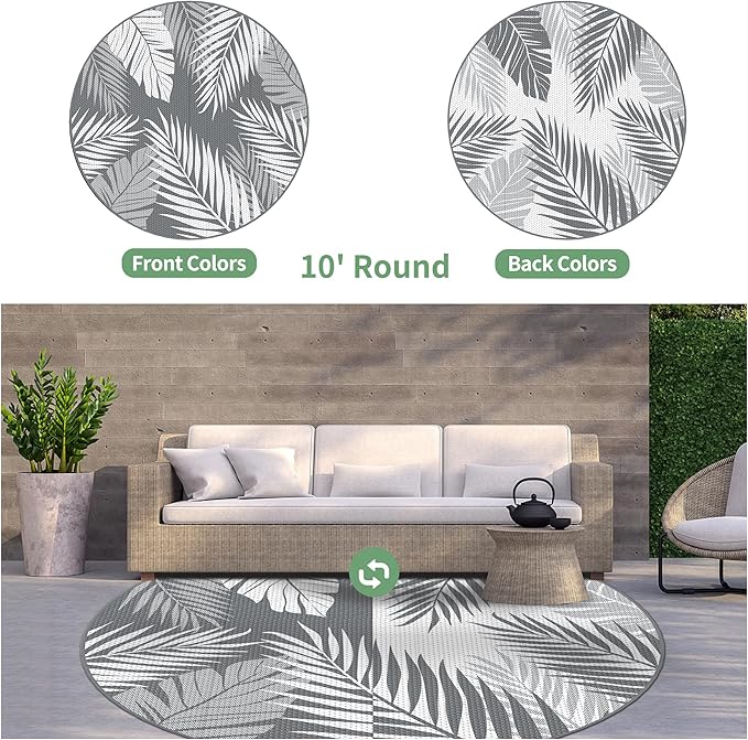 GENIMO Outdoor Rug 10' Round Waterproof for Patios Clearance, Reversible Outdoor Plastic Straw Camping Rug Carpet, Large Area Rugs Mats for RV, Camper, Deck, Balcony, Porch, Beach, Picnic, Grey&White-HomvellaHome
