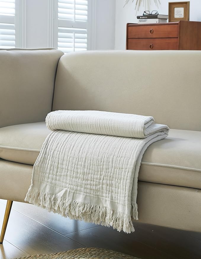 100% Cotton Muslin Throw Blanket for Bed, Couch, Small, Decorative, Soft, Pre-Washed, Breathable and Lightweight Gauze Blanket with Fringes, Suitable for All Seasons, Linen Grey, 50"x60"-HomvellaHome
