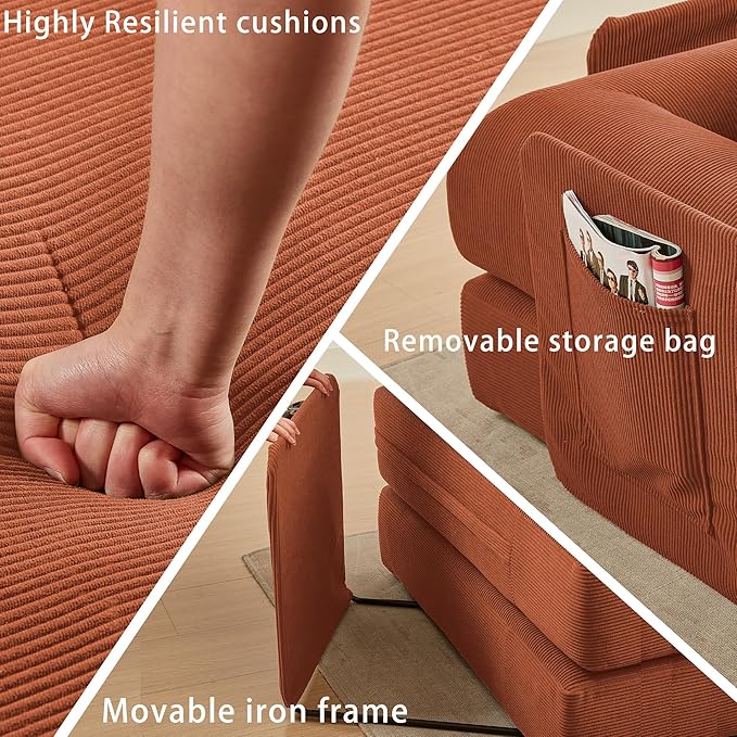 107" Oversized Convertible Sleeper Sofa Bed, Corduroy L Shape Sectional Couch, Folding Sofa Bed with Side Pocket, Modern Cloud Floor Mattress Couch, Modular Sofa for Living Room, Orange-HomvellaHome