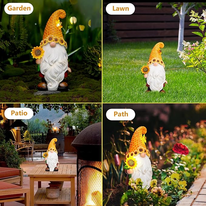 Garden Gnomes Outdoor - Sunflower Gnome Statue with Solar LED Lights for Yard, Patio, Lawn Ornaments - Best Garden Gifts for Mothers Day, Housewarming, Festival-HomvellaHome