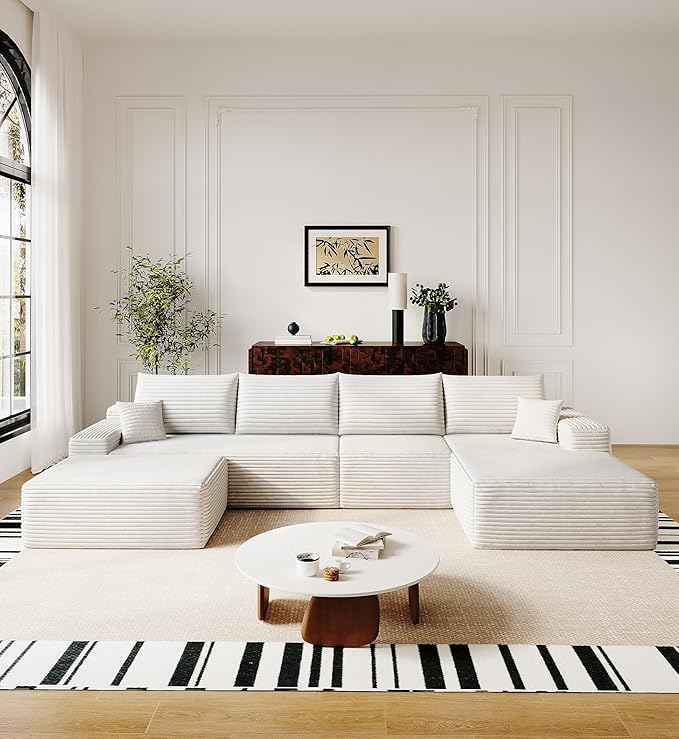 136" Sectional Couches for Living Room Modern Modular Sofa with L-Shape Couchs Upholstered Boneless Couch Deep Seat Sectional Couch with Chaise (White, Right Facing Chaise+3Seaters+Ottoman)-HomvellaHome