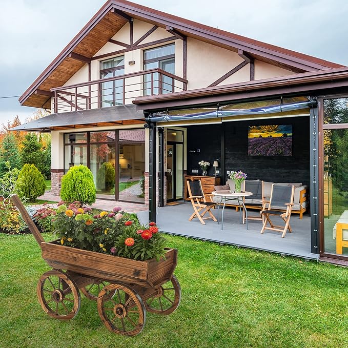 Garden Wooden Decor Rustic Flower Pot,Planters Wagon Indoor Outdoor Backyard Balcony Decor,for Outside Garden Decor Wheelbarrow Planter for Patio (Wooden Wagon)-HomvellaHome