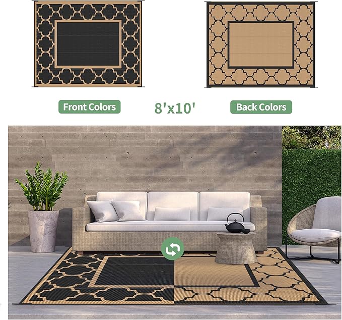 GENIMO Outdoor Rug 8' x 10' Patio Waterproof, Foldable Reversible Plastic Straw Area Rugs Mat for Camper Decor, Outside Carpet for Rv, Deck, Porch, Picnic, Beach, Balcony, Black & Brown-HomvellaHome