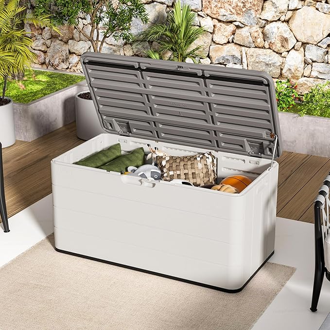 100 Gallon Plus Resin Deck Box, Waterproof Outdoor Storage Bin for Patio Furniture, Pool Accessories, and Garden Tools, Lockable & UV-Resistant, White-HomvellaHome