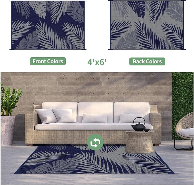 GENIMO Outdoor Rug 4' x 6' Waterproof for Patios Clearance, Reversible Outdoor Plastic Straw Camping Rug Carpet, Large Area Rugs Mats for RV, Camper, Deck, Balcony, Porch, Beach, Picnic Navy Blue&Grey-HomvellaHome