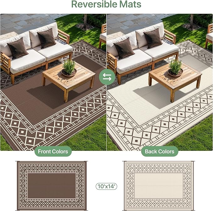 GENIMO Outdoor Rug Waterproof for Patio, 10'x14' Foldable Reversible Plastic Straw Carpet for Travel Trailers, Outside Area Mat for Rv, Deck, Picnic, Porch, Camper, Balcony, Beach, Coffee & Beige-HomvellaHome