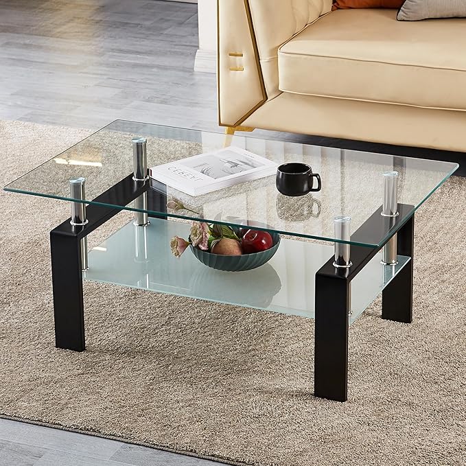 Glass Coffee Table for Living Room, 2 Layer Center Table with Clear Rectangle Tempered Glass Top Black Metal Leg, Mordern Home Office Furniture-HomvellaHome