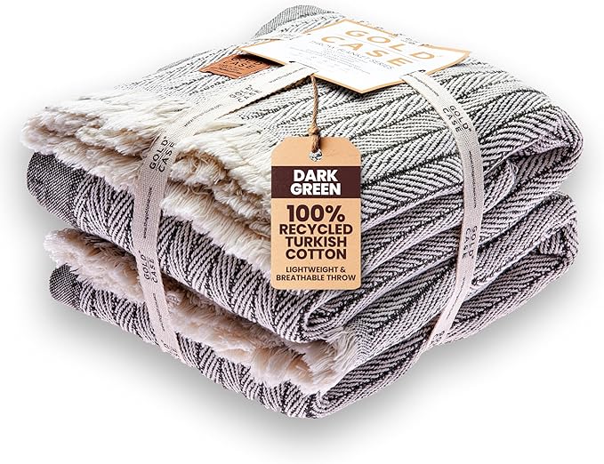 Gold Case Throw Blanket for Couch – 100% Recycled Turkish Cotton Blankets – Elegant Decorative Throw Blankets for Living Room Sofa – Woven Throws for Couch – Vintage Dark Green – 50x60 (Set of 2)-HomvellaHome
