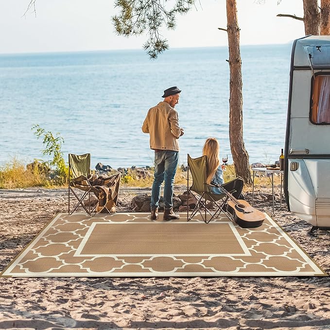 GENIMO 9' x 12' Outdoor Rug for Patio Clearance, Waterproof Indoor Outdoor Plastic Straw Rugs Carpet, Reversible Outside Area Rv Mat for Camping, Balcony Porch, Deck, Picnic, Beach (Brown & Beige)-HomvellaHome