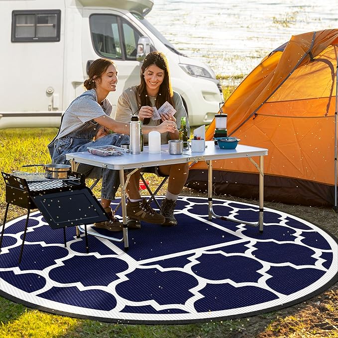 GENIMO 8' Round Outdoor Rug Waterproof for Patio Decor, Foldable Reversible Plastic Straw Area Rugs Mat for Rv, Outside Carpet for Camper, Deck, Picnic, Beach, Balcony, Camper, Blue & White-HomvellaHome