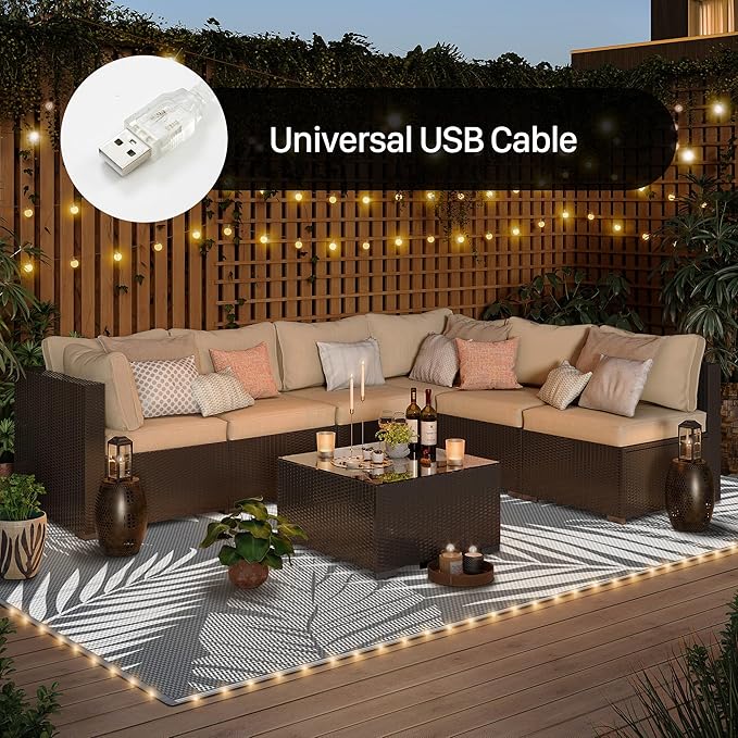 GENIMO Outdoor Rug 9' x 12' Waterproof for Patios Clearance, Reversible Outdoor Plastic Straw Camping Rug Carpet with LED String Light, Area Rugs Mats for RV, Camper, Deck, Balcony, Porch, Grey&White-HomvellaHome