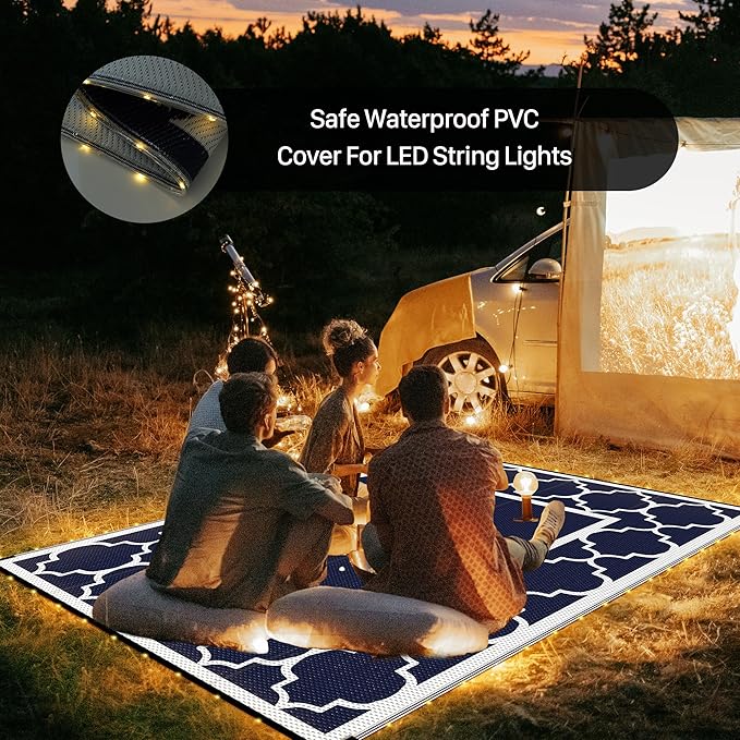 GENIMO 6' x 9' Outdoor Rug Waterproof for Patio Decor, Foldable Reversible Plastic Straw Area Rugs Mat with String Light, Led Carpet for Camper, Rv, Deck, Porch, Picnic, Beach, Balcony, Blue & White-HomvellaHome