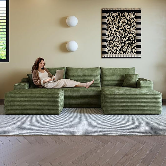 108" Sectional Couches for Living Room Modern Modular Sofa with L-Shape Couchs Upholstered Boneless Couch Deep Seat Sectional Couch with Chaise (Green, Right Facing Chaise+2Seaters+1Ottoman)-HomvellaHome