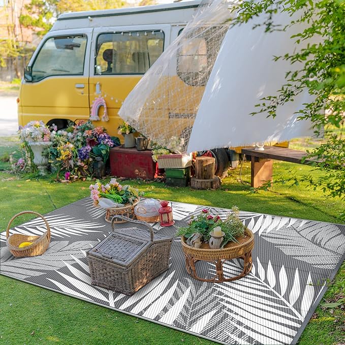 GENIMO Outdoor Rug 8' x 16' Waterproof for Patios Clearance, Reversible Outdoor Plastic Straw Camping Rug Carpet, Large Area Rugs Mats for RV, Camper, Deck, Balcony, Porch, Beach, Picnic, Grey&White-HomvellaHome