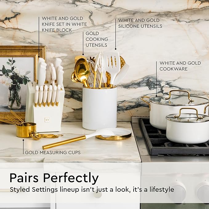 Gold Kitchen Utensils Set - 19-Piece Set Includes Stainless Steel Gold Utensils, White Silicone Tools, and Measuring Cups and Spoons - Luxury Kitchen Accessories for Modern Cooking, Serving, & Gifting-HomvellaHome