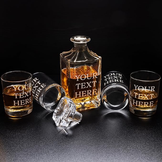 Gifts Inscribed Personalized Whiskey Decanter Set - Engraved Whiskey Decanter Bottle & Set of 4 Custom Drinking Glasses Laser Etched - Customized Whiskey Gift for Wedding, Anniversary, Birthday, Dad-HomvellaHome