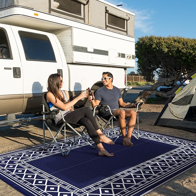 GENIMO Outdoor Rug Waterproof for Patio Decor, 8'x10' Foldable Reversible Plastic Straw Carpet for Travel Trailers, Outside Area Mat for Rv, Deck, Picnic, Porch, Camper, Balcony, Beach, Blue & White-HomvellaHome