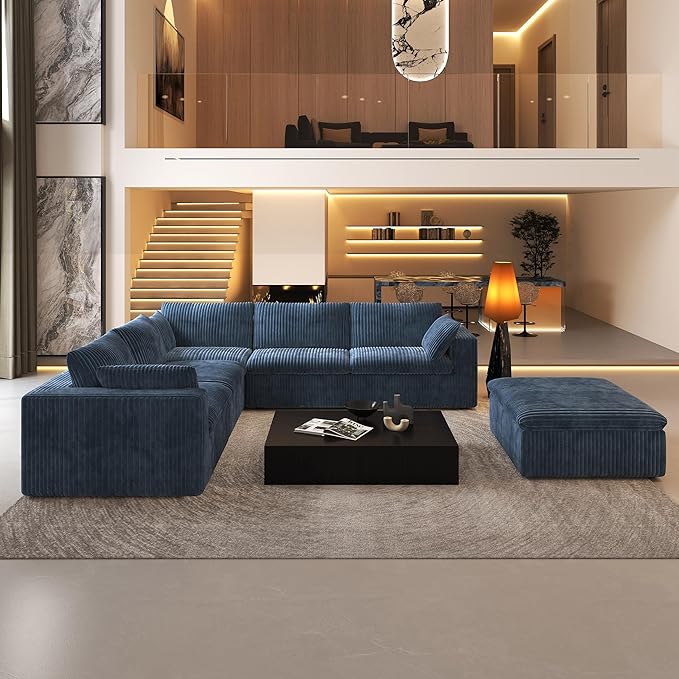 118" 6-Seater Cloud Sofa,Modular Sectional Couch with Ottoman,Modern Deep Seat Upholstered Couches with Plush Corduroy Fabric for Living Room Furniture,Bedroom and Apartment,No Assembly Required,Blue-HomvellaHome
