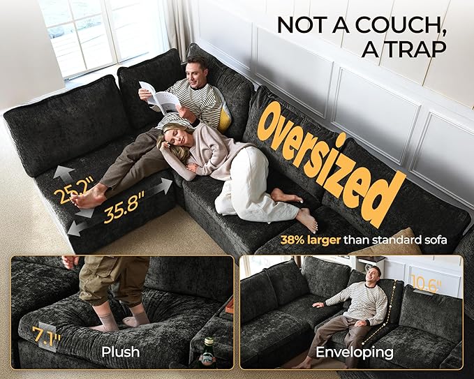 124.8'' Oversized Modular Sofa Comfy Cloud Couch with Storage, Extra Wide Sectional Sofa for Living Room, Covers Washable, 3-Seater, Chenille, Black-HomvellaHome