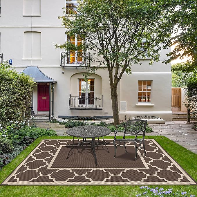 GENIMO Outdoor Rug 8' x 10' Patio Waterproof, Foldable Reversible Plastic Straw Area Rugs Mat for Camper Decor, Outside Carpet for Rv, Deck, Porch, Picnic, Beach, Balcony, Coffee & Beige-HomvellaHome