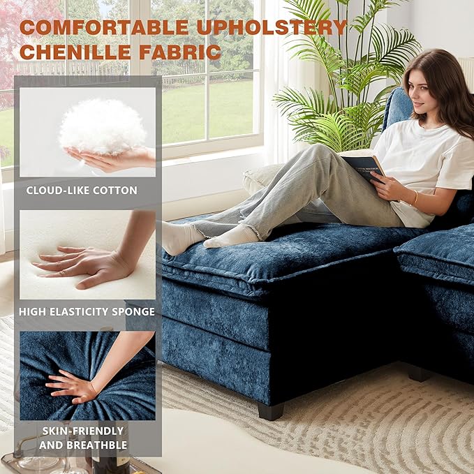113" Oversized Cloud Couch, U Shape Sectional 4 Seat Sofa with Double Chaises, 2 Layer Cusions, Deep Seat Comfy Sofa, Upholstery Chenille Fabric for Living Room, Blue-HomvellaHome