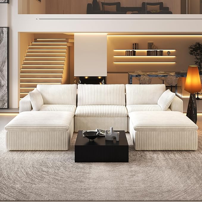 118" U Shaped Modern Sofa Modular Sectional Cloud Couch with 2 Ottoman,Upholstered Couches with Corduroy Fabric for Living Room Furniture,Bedroom and Apartment,No Assembly Required,White-HomvellaHome