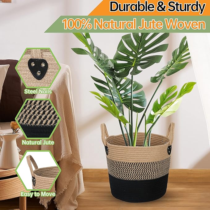 14"x12" Natural Jute Rope Woven Storage Basket with Handles for Plant, Blankets,Toys - Living Room Home Decor,Multifunctional Basket for Organizer,Picnic,Artificial Tree Black and Beige-HomvellaHome