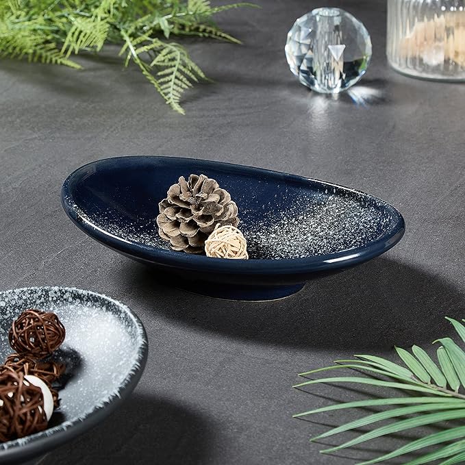 Oval Ceramic Decorative Bowl, Key Dish for Entryway Table, Small Home Decor Accent, Trinket Tray for Office Home Decor Gift (10'' Starrysky Blue with Glaze Layer)-HomvellaHome