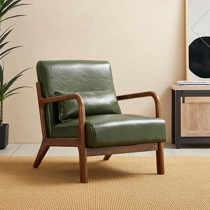 Glitzhome Mid Century Hunter Green Accent Armchair, Single Reading Armchair PU Leather Lounge Chair with Walnut Ruberwood Frame-HomvellaHome