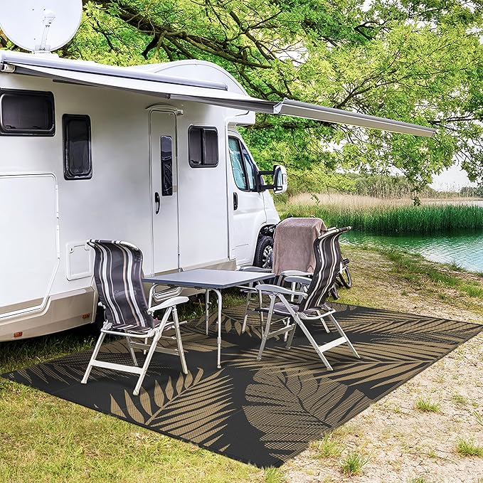 GENIMO Outdoor Rug 5' x 8' Waterproof for Patios Clearance, Reversible Outdoor Plastic Straw Camping Rug Carpet, Large Area Rugs Mats for RV, Picnic, Backyard, Deck, Balcony, Porch, Beach, Black&Brown-HomvellaHome