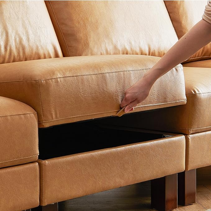 128'' Sleeper Couch, Large Sofa Bed with Storage, Faux Leather 8 Seater Sofa, Mid Century Modern Couch Sofa for Living Room, Guest Room, House, Apartment, Office, Loft, Tan-HomvellaHome