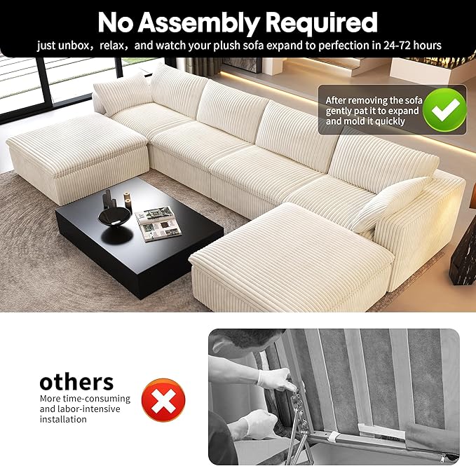157.5" U Shaped Modern Sofa Modular Sectional Cloud Couch with 2 Ottoman,Deep Seat Upholstered Couches with Corduroy Fabric for Living Room Furniture,Bedroom and Apartment,No Assembly Required,White-HomvellaHome